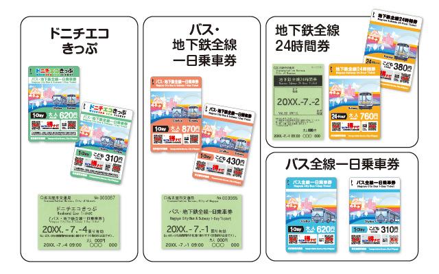 対象乗車券見本(ドニチエコきっぷ、バス・地下鉄全線一日乗車券、地下鉄24時間券、バス全線一日乗車券)