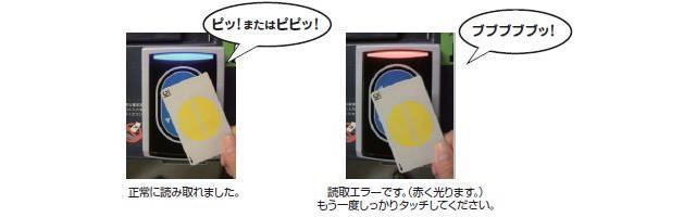 読み取り部へのマナカのタッチ方法のイメージ。正常に読み取ると青く光り、読みエラーでは赤く光ります。